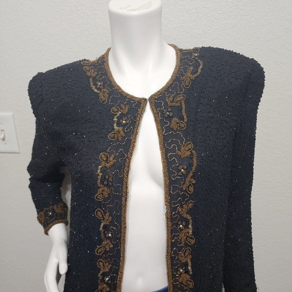 Vintage Scala Black Silk Beaded Long Evening Jacket Size M - Picture 9 of 12